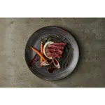 Churchill Round Plate-Coupe 217mm in dark grey speckled ceramic, shown from above holding a plated dish of meat and vegetables.