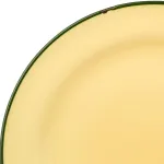 Close-up of the Luzerne Round Plate 170mm Ø showing the curved upper-left edge with a matte pale-yellow surface and thin dark-green rim.