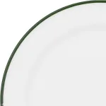 Close-up of the Luzerne Round Plate 170mm Ø showing the glossy white ceramic surface and thin dark green rim band.