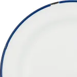 Close-up of the rim of a Luzerne Serving Cup 450ml, showing a thick cobalt-blue border with small chips and exposed dark metal on the white enamel surface.