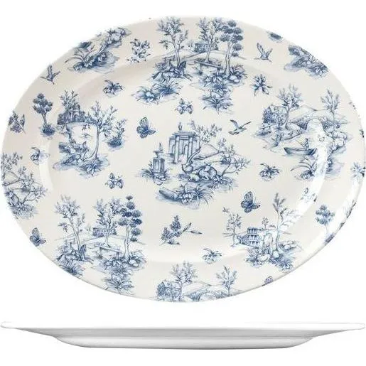 Churchill Prague Toile oval wide rim plate top-down view showing blue pastoral pattern and side profile of shallow rim