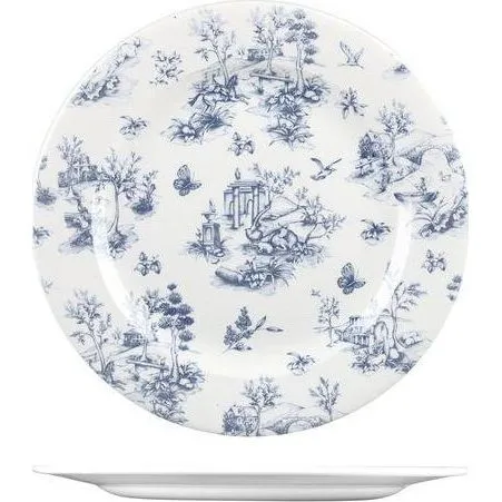 Churchill Prague Toile round plate top-down view showing white ceramic with blue pastoral toile pattern and wide sloping rim