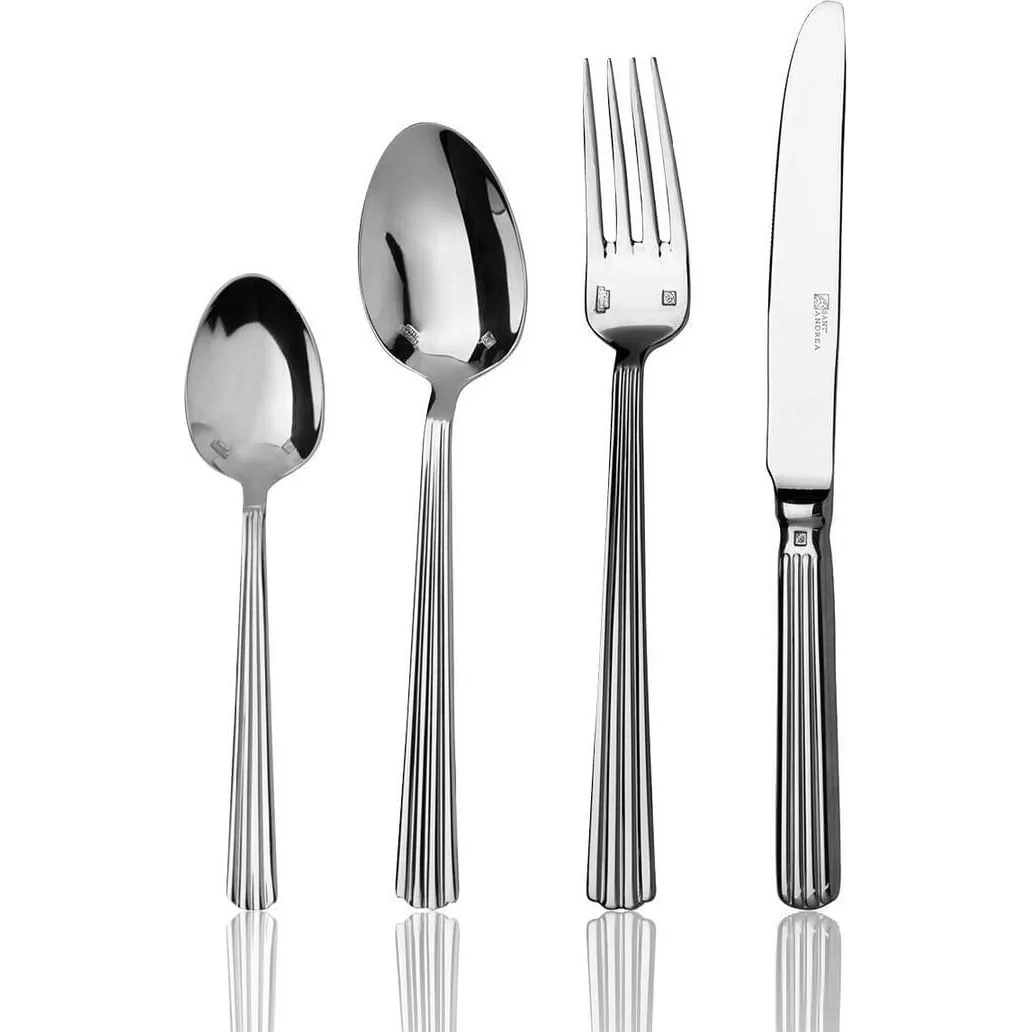 Sant' Andrea Viotti Dessert Spoon-18/10 set in polished stainless steel, close-up of four fluted utensils with stamped logos