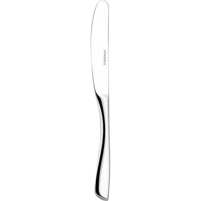 Close-up side profile of the Athena Zena Butter Knife, featuring a polished stainless steel blade with vertical engraving and a solid handle.