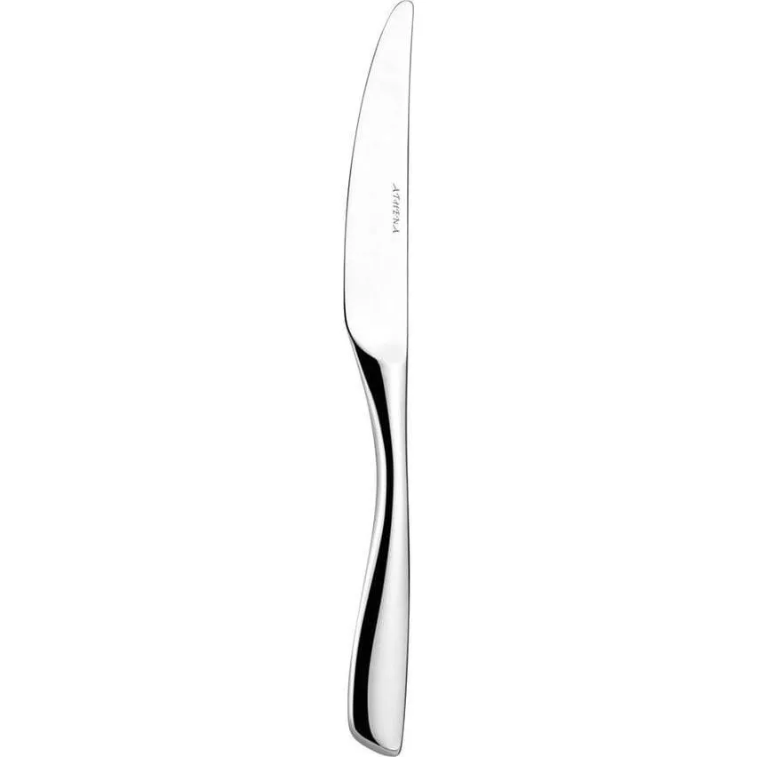 Athena Zena Dessert Knife side profile close-up showing the curved stainless steel blade with vertical engraving and solid handle.